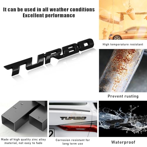 Dickno 2PCS Turbo Car Emblem Decal, 3D Metal Fender Logo Badge Sticker, Zinc Alloy Auto Front Hood Side Body Emblem Sticker, Universal Exterior Decor Car Accessories for SUV Truck (Black) - Image 3