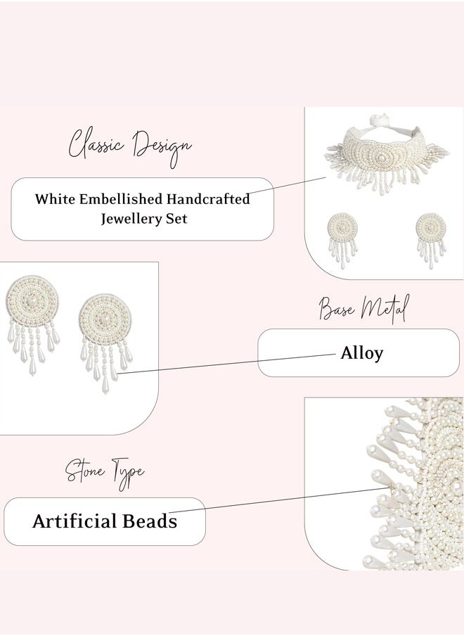 Just Peachy Just Peachy Exquisite White Embellished Handcrafted Jewellery Set – Elegant Necklace & Earrings with Intricate Detailing, Perfect for Weddings, Parties, and Special Occasions  - Image 4