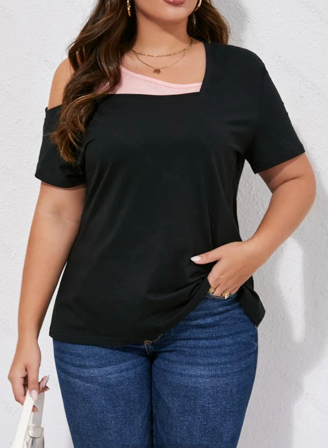 تايك تو Plus Size Multi-Tone Short Sleeve One Shoulder Top