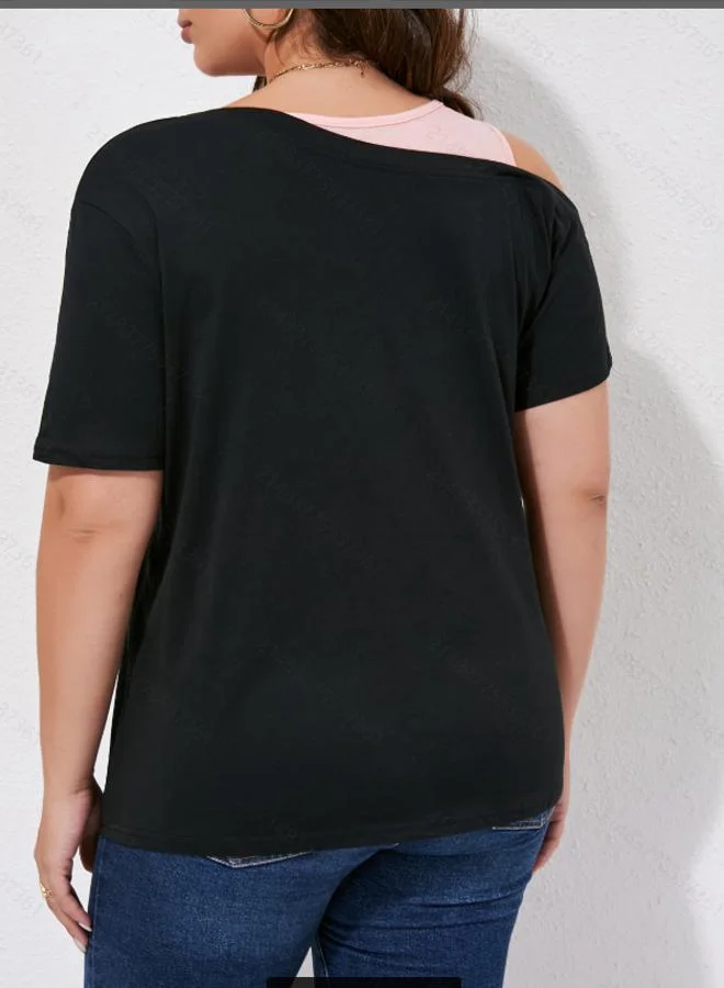 تايك تو Plus Size Multi-Tone Short Sleeve One Shoulder Top