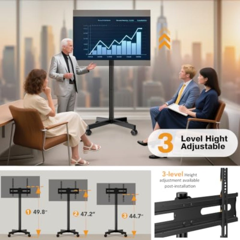 Mobile TV Stand for 23-60 Inch LCD LED Flat/Curved Screens, Steel Black Rolling Cart with Tilt Height Adjustment, 77Lbs Capacity, Wheels, VESA 400x400mm - Image 2