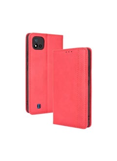 HuHa Case Cover For Realme C11 2021 / Realme C20 / Realme C20a Magnetic Buckle Retro Crazy Horse Texture Horizontal Flip Leather Case with Holder & Card Slots & Photo Frame Red 