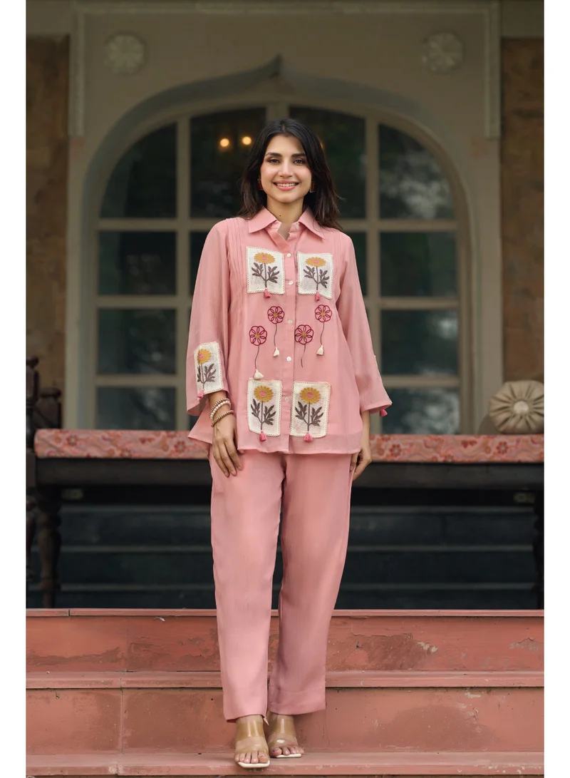 Priya’s Panache Pink Cotton Crush Co-Ord Set for Women with Floral Embroidery & Schiffli Net Detailing | Shirt Collar Top with 3/4 Sleeves & Straight Pants | Indian Ethnic Wear | Kurti Set | Smart Casual & Brunch Wear