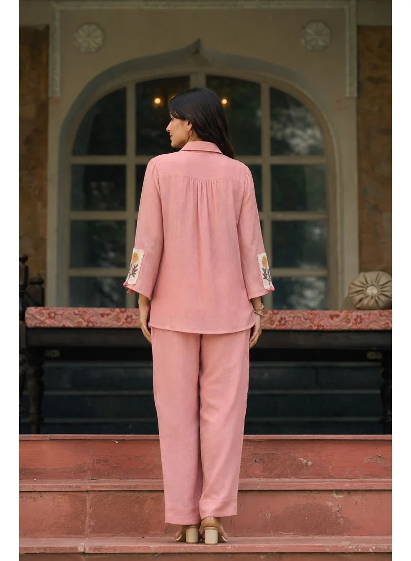 Priya’s Panache Pink Cotton Crush Co-Ord Set for Women with Floral Embroidery & Schiffli Net Detailing | Shirt Collar Top with 3/4 Sleeves & Straight Pants | Indian Ethnic Wear | Kurti Set | Smart Casual & Brunch Wear
