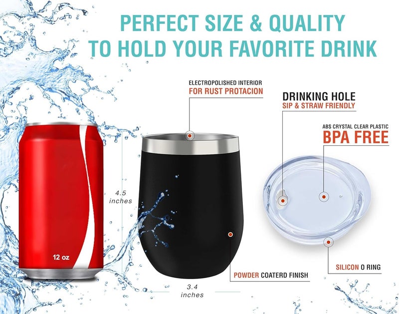 CHILLOUT LIFE كوب نبيذ من الفولاذ المقاوم للصدأ سعة 12 أونصة مع غطاء - كوب نبيذ معزول مزدوج الجدار يحافظ على البرودة والحرارة للقهوة، الشمبانيا، الكوكتيلات، الآيس كريم - مطلي باللون الأسود - Image 4