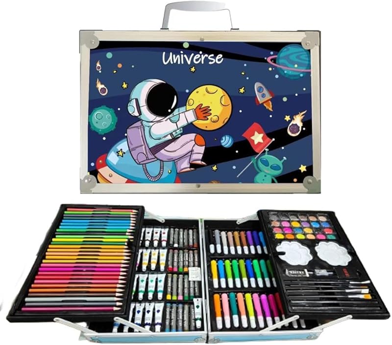 UOXOO 145-Piece Art Supplies Set for Kids, 2 Layers Drawing Supplies for Kids Boys Girls Ages 8 9 10 11 12, Portable Aluminum Case Art Kit, Great Gift for Teens Adults Beginner and Artists (blue