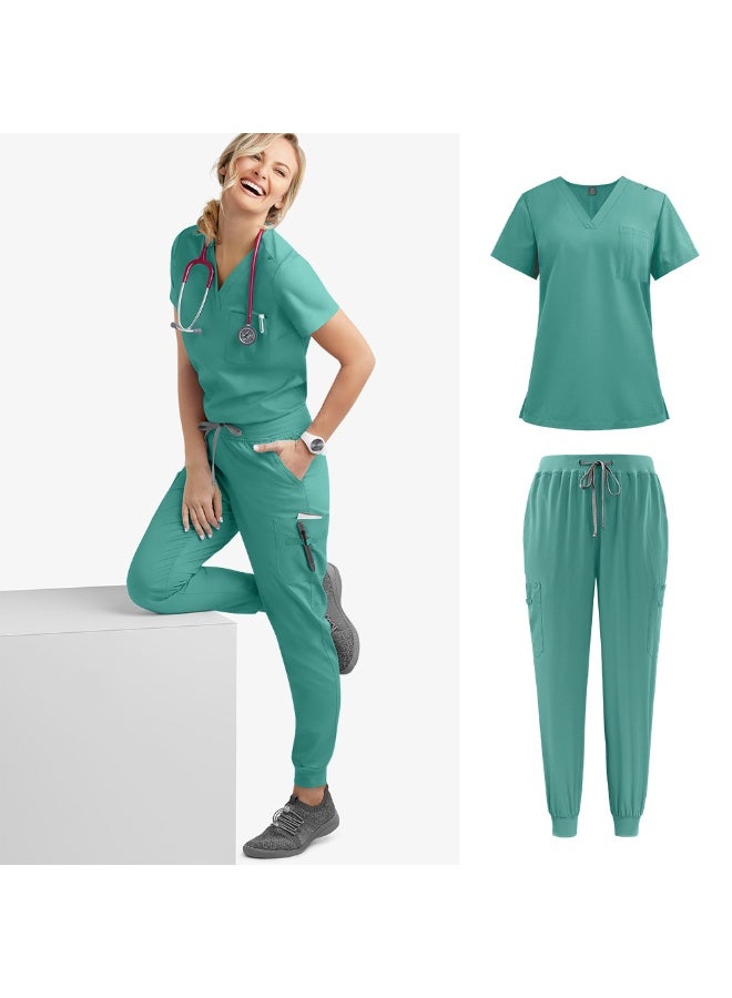 NIBEMINENT Multicolour Jogger Suits Doctor Nursing Uniforms Short Sleeve V-neck Tops Pocket Pants Nurse Scrubs Set Medical Clinical Clothes - Image 1