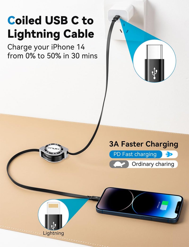 MINLU USB Type C to Lightning Cable 4Ft 2Pack, Retractable iPhone Charger Fast Charging for Retractable Car USBC iPhone Cord for iPhone14/13/12/11 Pro Max/XS/XR/X/iPad/CarPlay - Image 2
