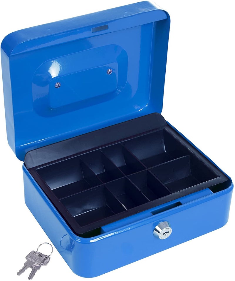 Delzon Glossary Color Metal Cash Box Office,Home,School All in One Multi Use with Plastic 5 Slot Coin Trey 1-Pcs (Multi Color- Black,Blue,White) - Image 3