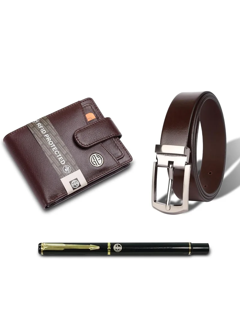 HAMMONDS FLYCATCHER Wallet and Belt Set with Ball Pen | 5 ATM Credit/Debit Card Slots | Fits Waist 28-46 | Ramadan, Eid, Birthday Gift | Redwood Brown