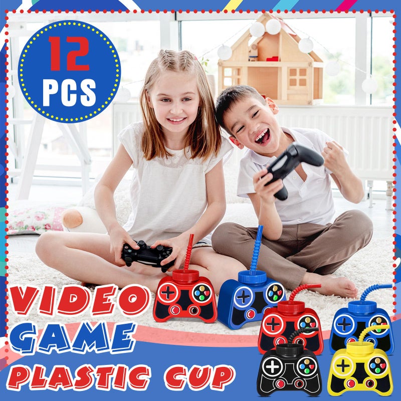 Mifoci 12 Pcs Plastic Video Game Party Cups with Straw and Lid 10oz Gamer Birthday Themed Drink Cups 7th Video Game Party Favors for Kids Toddlers Gamer Birthday Supplies (Yellow,Red,Blue,Black) - Image 5