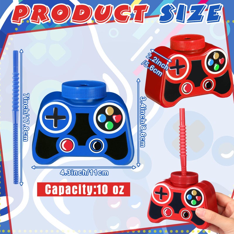 Mifoci 12 Pcs Plastic Video Game Party Cups with Straw and Lid 10oz Gamer Birthday Themed Drink Cups 7th Video Game Party Favors for Kids Toddlers Gamer Birthday Supplies (Yellow,Red,Blue,Black) - Image 2