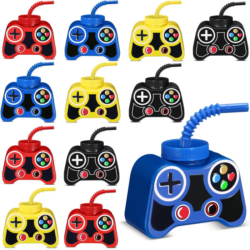 Mifoci 12 Pcs Plastic Video Game Party Cups with Straw and Lid 10oz Gamer Birthday Themed Drink Cups 7th Video Game Party Favors for Kids Toddlers Gamer Birthday Supplies (Yellow,Red,Blue,Black) - Image 1