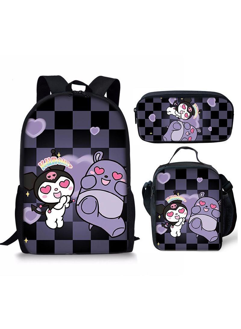 73Hours 3 pcs set Kuromi Children Backpack Daypack Schoolbag Girls  Boys School Book bag with Lunch Box Pen Case - Image 1