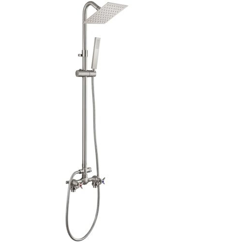 Cinwiny Wall Mounted Outdoor Shower Set Brushed Nickel 6 Inch Square Rainfall Shower Head with Hand Held Spray Double Cross Handles with Adjustable Slide Bar Exterior Dual Function Shower Kit - Image 1
