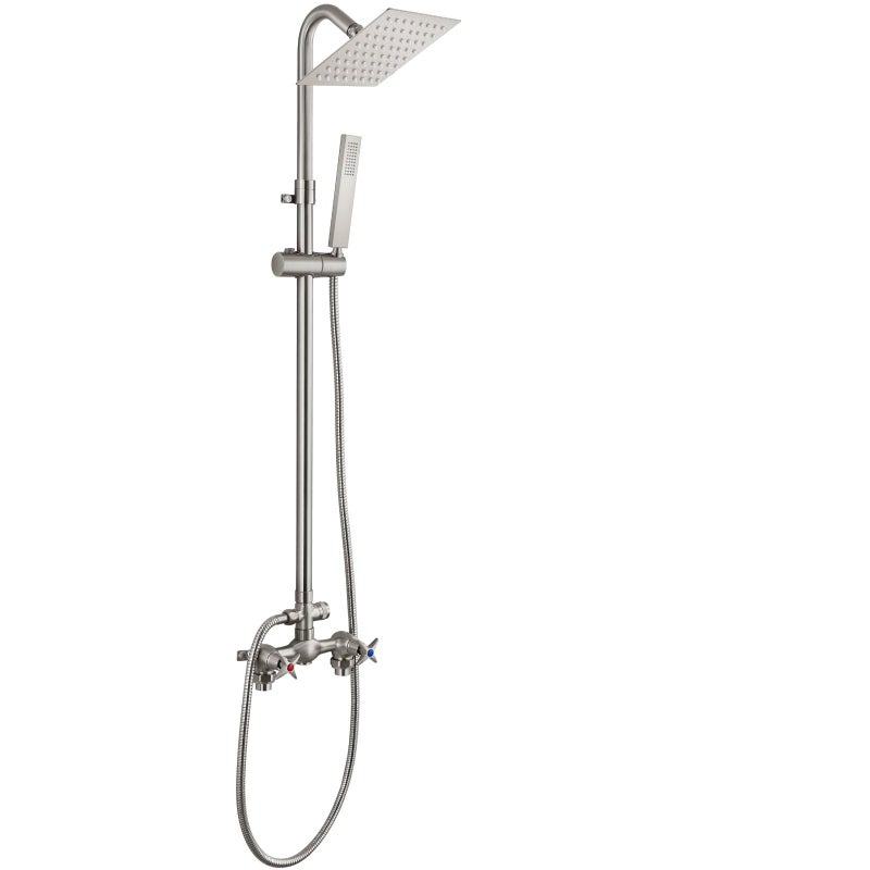 Cinwiny Wall Mounted Outdoor Shower Set Brushed Nickel 6 Inch Square Rainfall Shower Head with Hand Held Spray Double Cross Handles with Adjustable Slide Bar Exterior Dual Function Shower Kit - Image 2