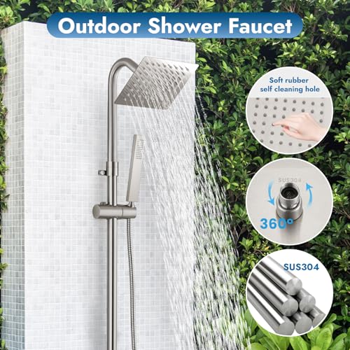 Cinwiny Wall Mounted Outdoor Shower Set Brushed Nickel 6 Inch Square Rainfall Shower Head with Hand Held Spray Double Cross Handles with Adjustable Slide Bar Exterior Dual Function Shower Kit - Image 3