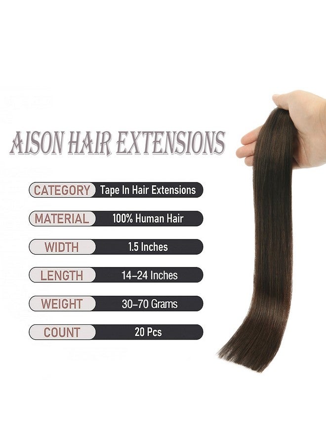 Aison Dark Brown Tape in Hair Extensions Human Hair 100% Remy Human Hair Extensions Silky Straight for Fashion Women 20 Pcs/Package(14Inch #2 30g) - Image 2