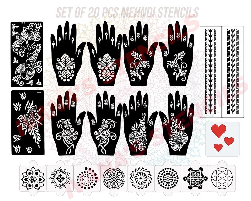 ivana's Ivanas Set of 20 Pcs Combo Pack Reusable Mehandi Design Sticker Stencils for Both Hand  Mehendi Stencil  Quick and Easy to Use for Girls Women Kids  Teen D2156 - Image 1