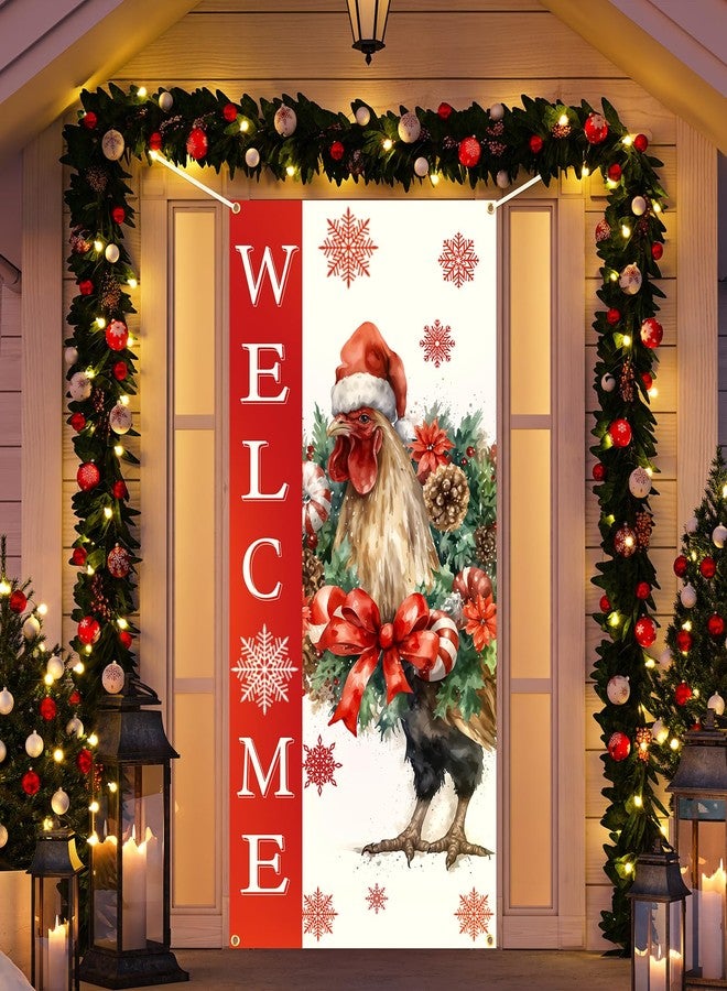 Ticuenicoa Christmas Door Banner Farmhouse Chicken Welcome Porch Sign Unique Xmas Holiday Hanging Rooster Decorations for Front Door Outdoor Indoor - Image 2