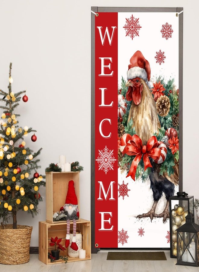 Ticuenicoa Christmas Door Banner Farmhouse Chicken Welcome Porch Sign Unique Xmas Holiday Hanging Rooster Decorations for Front Door Outdoor Indoor - Image 4