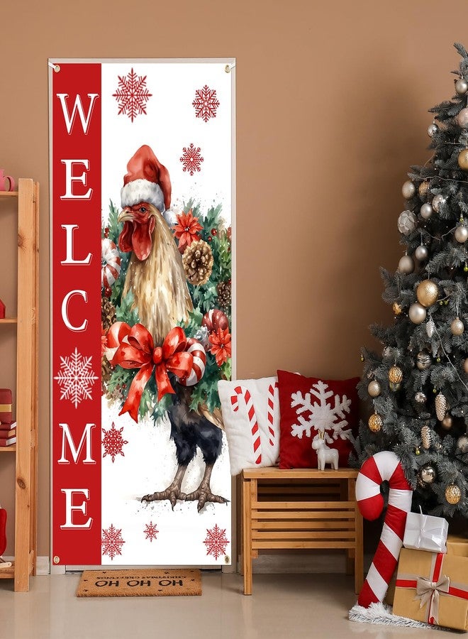 Ticuenicoa Christmas Door Banner Farmhouse Chicken Welcome Porch Sign Unique Xmas Holiday Hanging Rooster Decorations for Front Door Outdoor Indoor - Image 5