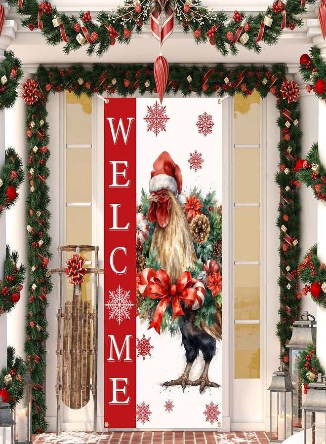 Ticuenicoa Christmas Door Banner Farmhouse Chicken Welcome Porch Sign Unique Xmas Holiday Hanging Rooster Decorations for Front Door Outdoor Indoor - Image 1