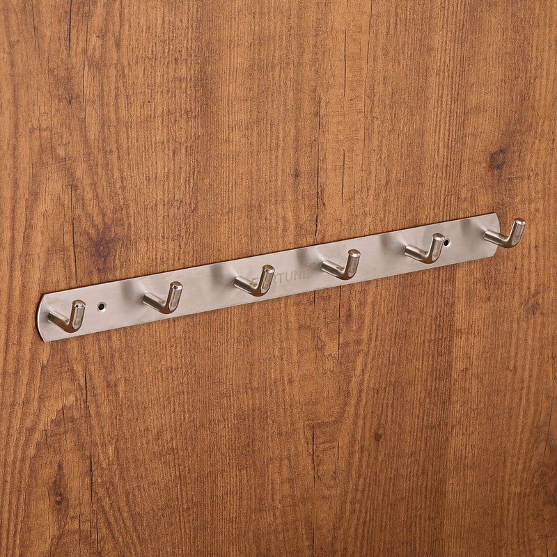 FORTUNE Stainless Steel Wall Hooks for Hanging Cloth and Towel Bathroom Cloth Hooks Hanger, Robe Hooks Rail, Door Hanger for Clothes Hanging Keys (6 Hooks) (Pack of 1) - Image 1
