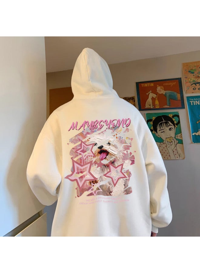 Maybeyond Trendy Hoodie For Men, Autumn And Winter Lazy Style Hooded Sweatshirt, Couple Outfit, Loose-fitting Hooded Top, Ma48 White And Gray, Size L - Image 5