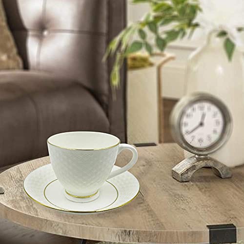 LVOOK Bone China Abstract and Golden Outline Designer Tea Cup with Saucer Set for Tableware, Dinning Ware| Pack of 6 Cup&Saucer- (White, 160 ML) - Image 1