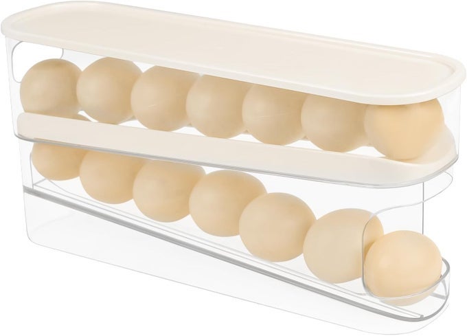 2LAYER EGG RACK EGG ORGANIZER AUTOMATIC EGG ROLLING HOLDER SPACE SAVING EGG DISPENSER HOLDS 17 EGGS REFRIGERATOR KITCHEN CABINETSSTACKABLE CLEAR PLASTIC