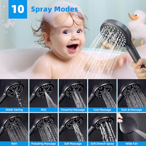 Hibbent 5-spray 13'' Shower Head, High Pressure Rainfall Shower Head, Dual Showerhead Combo with 10-mode Handheld Spray, 12'' Adjustable Extension Arm, 71'' Hose, Showerhead Holder, Oil Rubbed Bronze - Image 3
