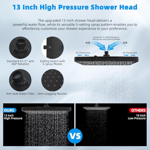 Hibbent 5-spray 13'' Shower Head, High Pressure Rainfall Shower Head, Dual Showerhead Combo with 10-mode Handheld Spray, 12'' Adjustable Extension Arm, 71'' Hose, Showerhead Holder, Oil Rubbed Bronze - Image 5