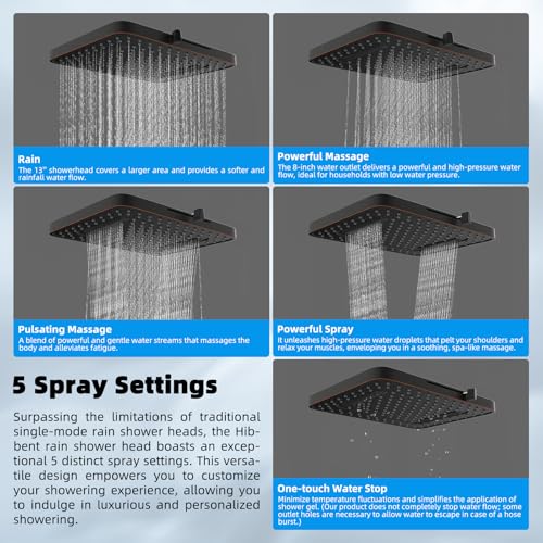 Hibbent 5-spray 13'' Shower Head, High Pressure Rainfall Shower Head, Dual Showerhead Combo with 10-mode Handheld Spray, 12'' Adjustable Extension Arm, 71'' Hose, Showerhead Holder, Oil Rubbed Bronze - Image 2