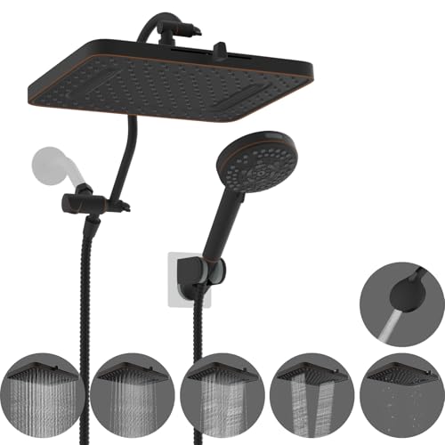 Hibbent 5-spray 13'' Shower Head, High Pressure Rainfall Shower Head, Dual Showerhead Combo with 10-mode Handheld Spray, 12'' Adjustable Extension Arm, 71'' Hose, Showerhead Holder, Oil Rubbed Bronze - Image 1