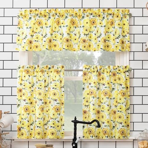 No. 918 Sunbeam Sunflower Print Semi-Sheer Rod Pocket Kitchen Curtain Valance and Tiers Set, 54" x 24", Yellow - Image 1