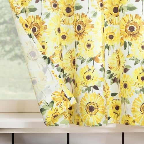No. 918 Sunbeam Sunflower Print Semi-Sheer Rod Pocket Kitchen Curtain Valance and Tiers Set, 54" x 24", Yellow - Image 3