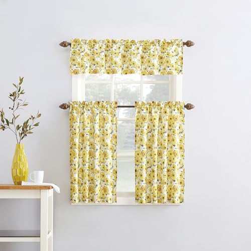 No. 918 Sunbeam Sunflower Print Semi-Sheer Rod Pocket Kitchen Curtain Valance and Tiers Set, 54" x 24", Yellow - Image 4