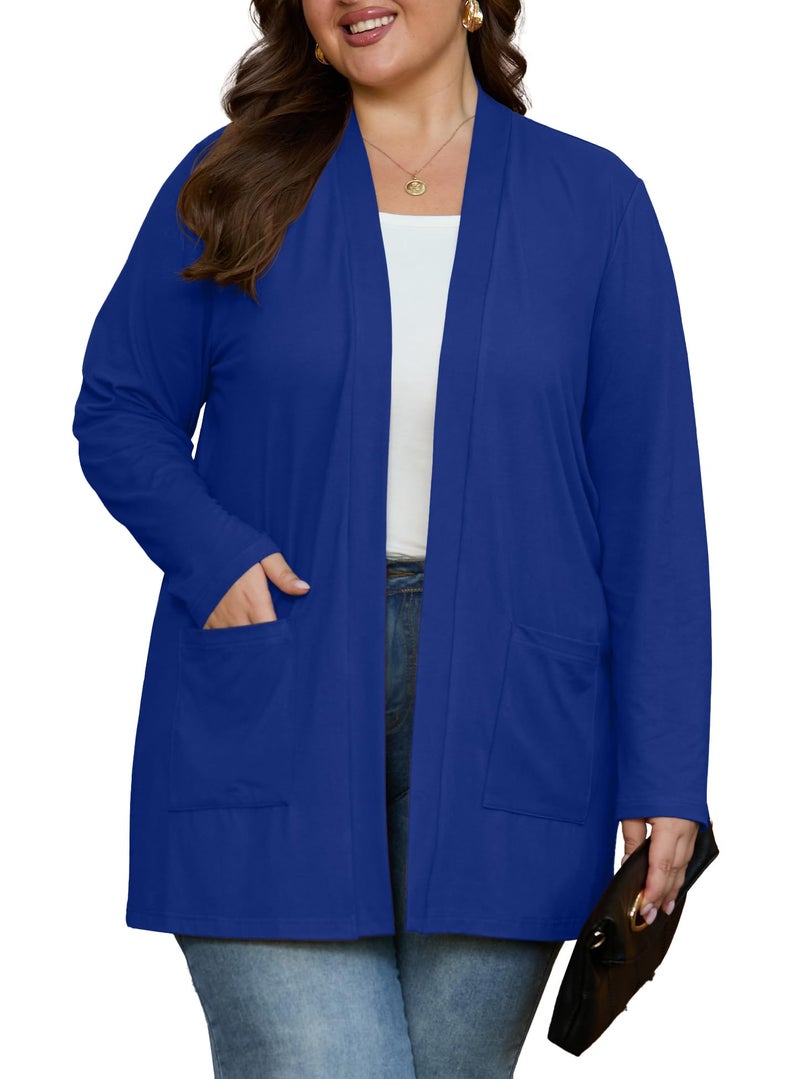 OLRIK Plus Size Cardigan for Women Long Sleeve Lightweight Jacket Open Front Plus Size Clothes for Women Royal Blue-4X - Image 2