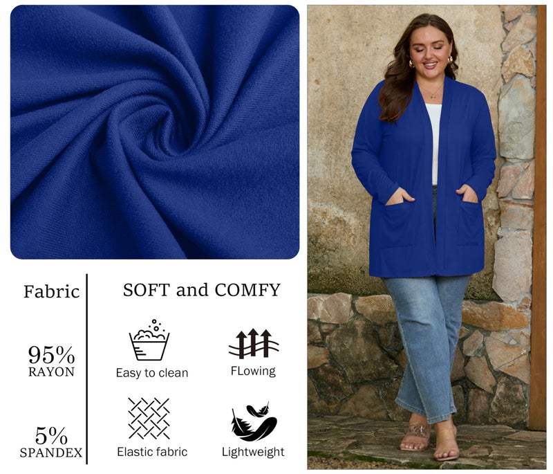 OLRIK Plus Size Cardigan for Women Long Sleeve Lightweight Jacket Open Front Plus Size Clothes for Women Royal Blue-4X - Image 3