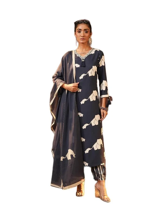 ISHIN Women's Navy Rayon Printed Tunic Upper Calf Length Palazzo Bottom Straight Fit 3 Peice Kurta Set