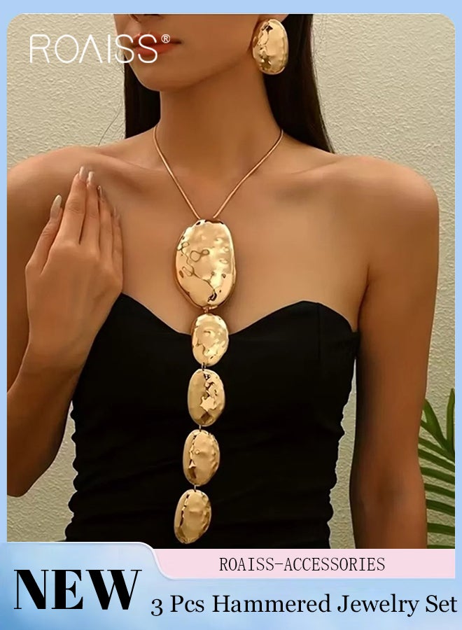 رويس طقم مجوهرات مكون من 3 قطع، قلادة وأقراط مطروقة، بتصميم هندسي غير متماثل. قلادة طويلة على شكل حرف Y مناسبة للحفلات والارتداء اليومي. - Image 1