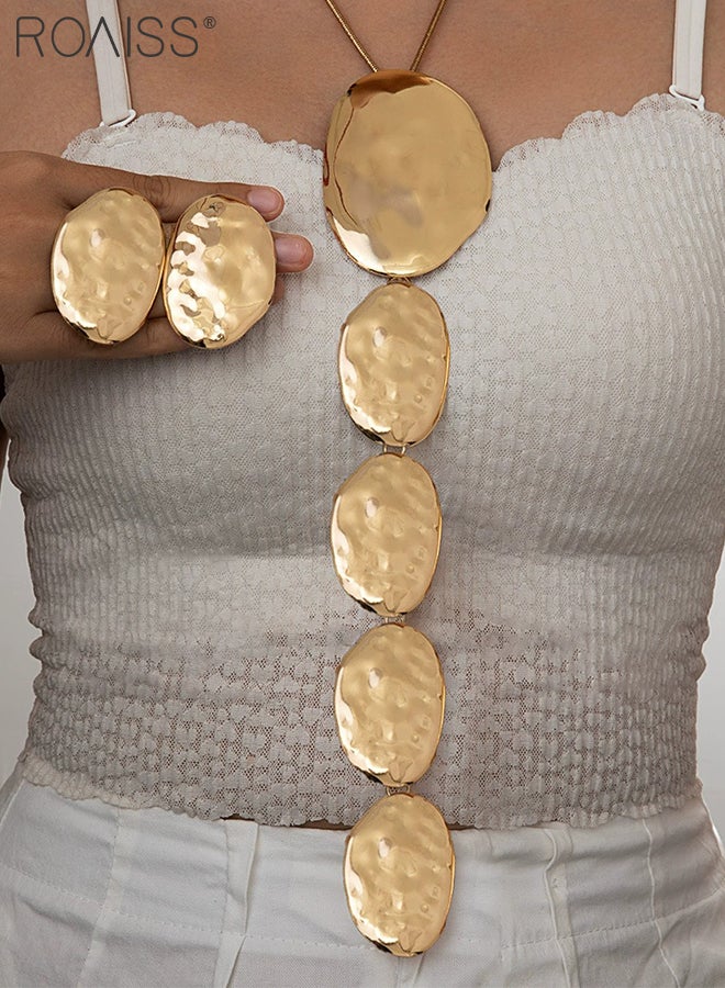 رويس طقم مجوهرات مكون من 3 قطع، قلادة وأقراط مطروقة، بتصميم هندسي غير متماثل. قلادة طويلة على شكل حرف Y مناسبة للحفلات والارتداء اليومي. - Image 2