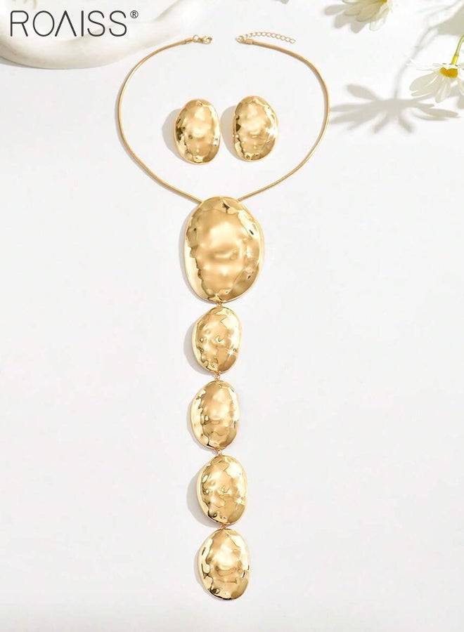 رويس طقم مجوهرات مكون من 3 قطع، قلادة وأقراط مطروقة، بتصميم هندسي غير متماثل. قلادة طويلة على شكل حرف Y مناسبة للحفلات والارتداء اليومي. - Image 5