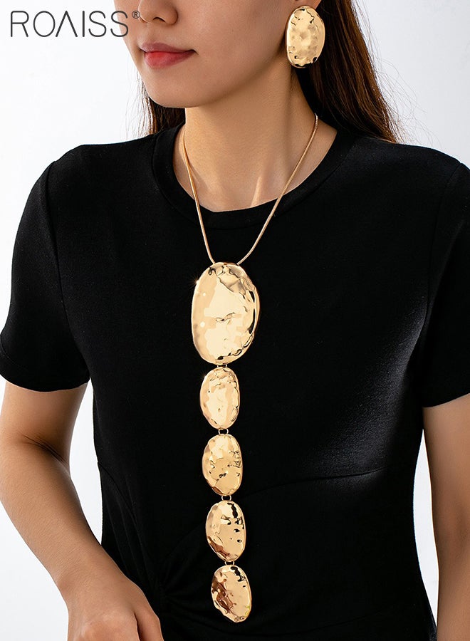 رويس طقم مجوهرات مكون من 3 قطع، قلادة وأقراط مطروقة، بتصميم هندسي غير متماثل. قلادة طويلة على شكل حرف Y مناسبة للحفلات والارتداء اليومي. - Image 4