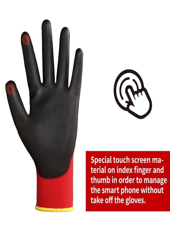 DULFINE Safety Work Gloves PU Coated for Men and Women-12 Pairs,Red Seamless Knit Glove with Two Fingers Touchscreen,Ideal for General Duty Work (Medium) - Image 2