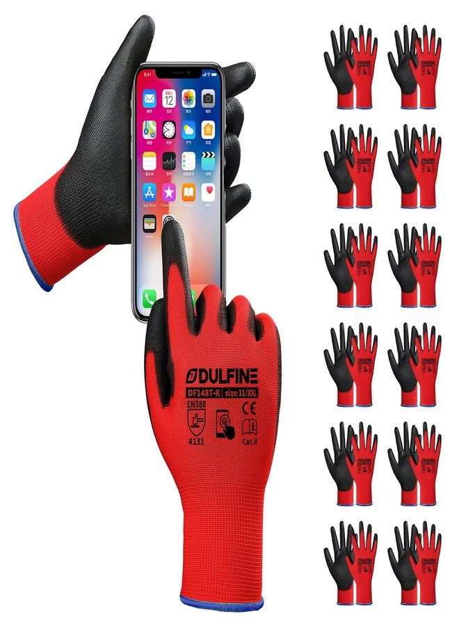 DULFINE Safety Work Gloves PU Coated for Men and Women-12 Pairs,Red Seamless Knit Glove with Two Fingers Touchscreen,Ideal for General Duty Work (Medium) - Image 1