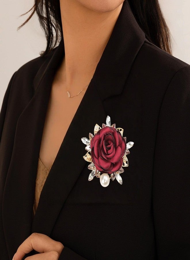 IS4U Elegant Rose Flower Brooch Pin Fabric Flower Pearl Brooch Wedding Party Fashion Crystal Pearl Fabric Lapel Pin Dress Suit Hat Bag Jewelry for Men and Women (Red) - Image 2