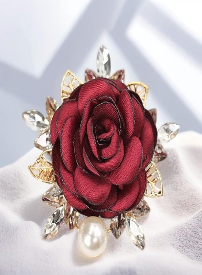 IS4U Elegant Rose Flower Brooch Pin Fabric Flower Pearl Brooch Wedding Party Fashion Crystal Pearl Fabric Lapel Pin Dress Suit Hat Bag Jewelry for Men and Women (Red) - Image 3