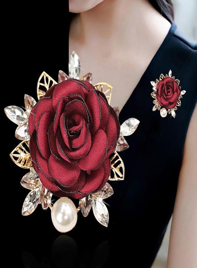 IS4U Elegant Rose Flower Brooch Pin Fabric Flower Pearl Brooch Wedding Party Fashion Crystal Pearl Fabric Lapel Pin Dress Suit Hat Bag Jewelry for Men and Women (Red) - Image 4